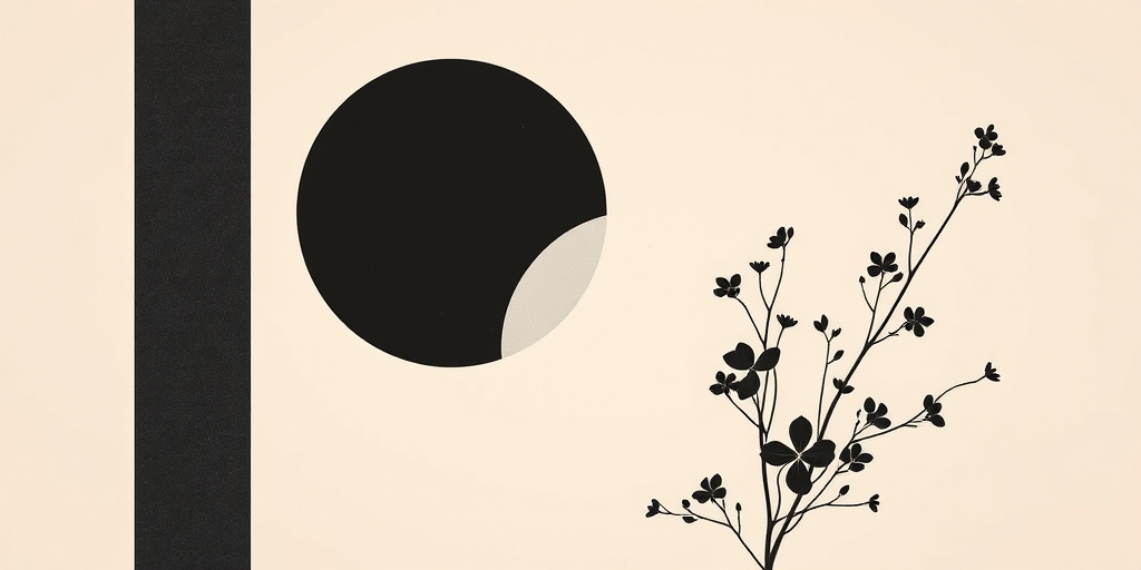 Create a minimalist abstract artwork featuring geometric shapes and botanical elements, with a soft beige background, a prominent black circle, a white circle, and delicate black floral designs, captured with a DSLR camera at f/11 aperture, 50mm lens, soft natural lighting for enhanced texture and detail.