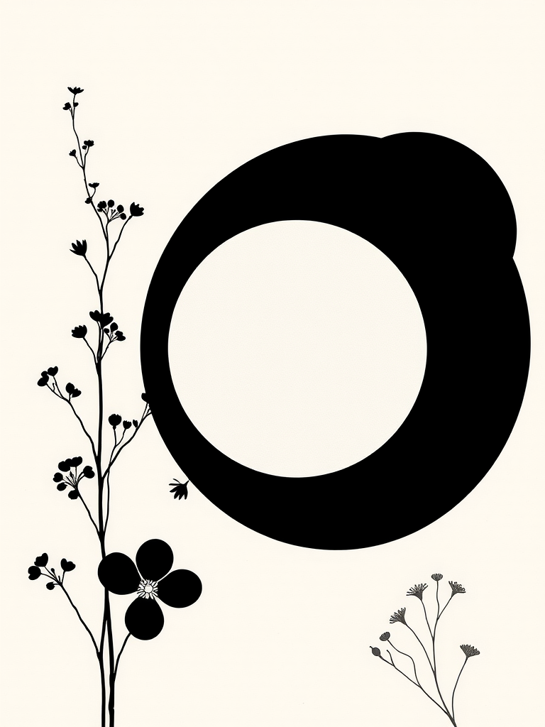 Create a minimalist abstract artwork featuring geometric shapes and botanical elements, with a soft beige background, a prominent black circle, a white circle, and delicate black floral designs, captured with a DSLR camera at f/11 aperture, 50mm lens, soft natural lighting for enhanced texture and detail.