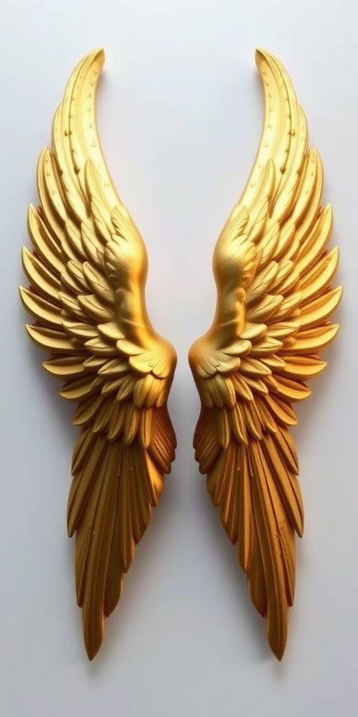 Regenerate a highly detailed and intricate image of golden angel wings positioned symmetrically, using a DSLR camera with a focal length of 85mm, aperture set to f/1.8, ISO 100, in a soft diffused lighting environment, capturing the wings from a slightly elevated angle.