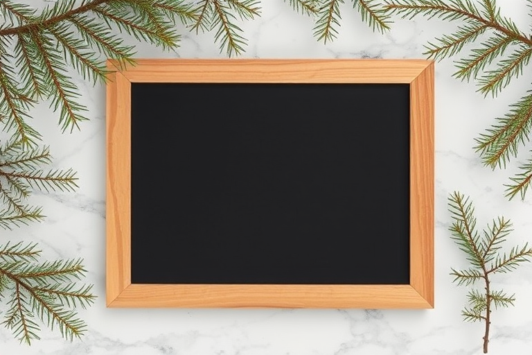A wooden framed chalkboard on a marble surface with pine branches framing the top, shot with a DSLR camera at f/2.8 aperture, ISO 100, 35mm focal length, top-down view, natural lighting for enhanced color and detail.
