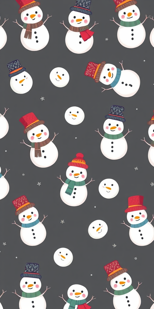 pattern of cute snowmen wearing top hats on a dark gray background, high resolution, 300 dpi, close-up view, DSLR camera, f/5.6 aperture, ISO 100, soft lighting
