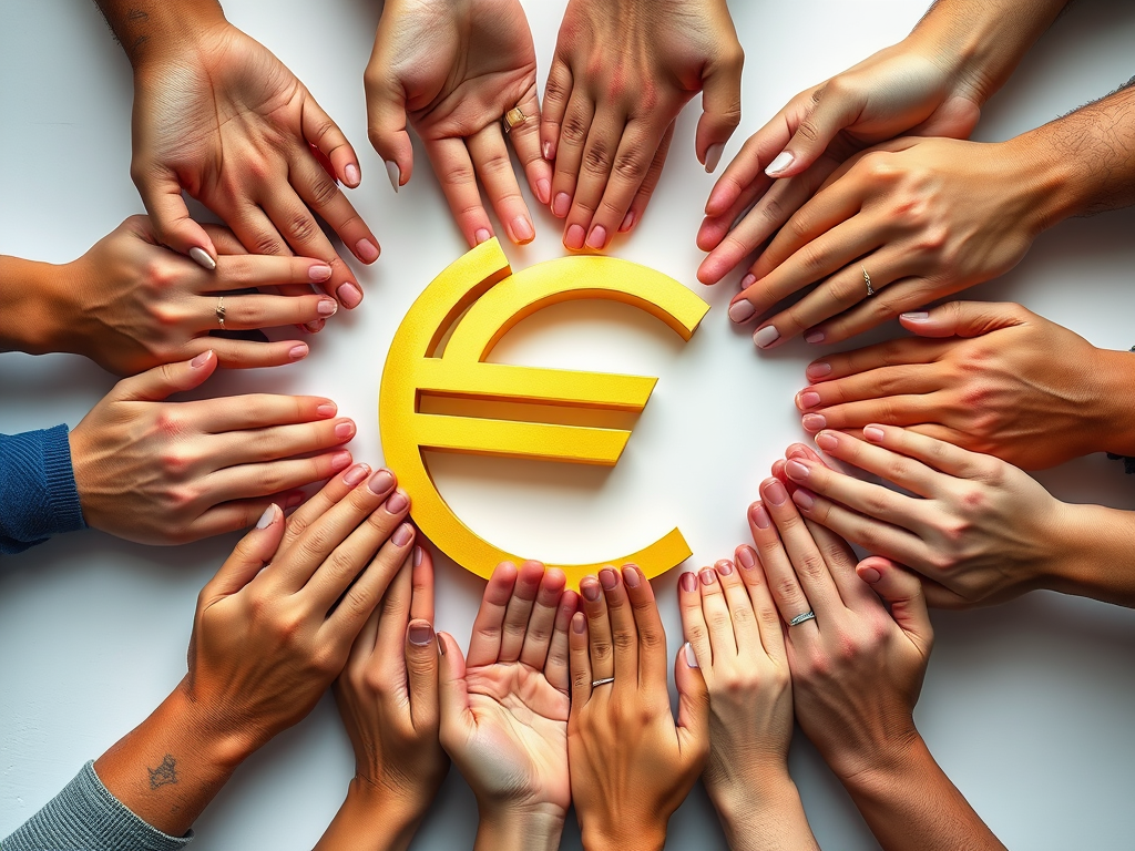Create an image of a three-dimensional golden euro symbol surrounded by diverse human hands gently cradling it, captured with a Canon EOS R5 camera, 50mm lens, f/1.8 aperture, ISO 100, in a studio setting with soft box lighting and white background for enhanced clarity and detail.