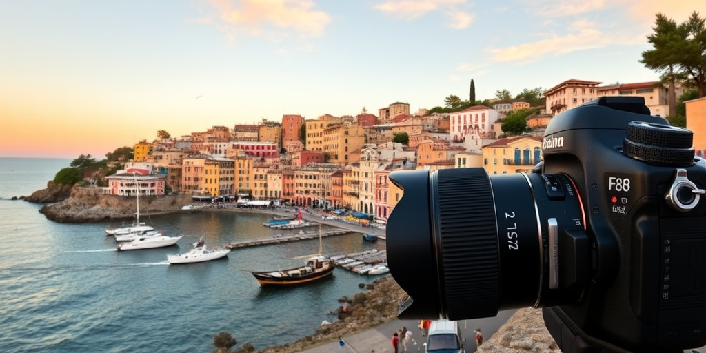 Capture a panoramic view of a colorful coastal town with distinct architecture and waterfront, set at golden hour for warm lighting, using a DSLR camera with a 24mm lens, aperture set to f/8, ISO 100, and a shutter speed of 1/250s for optimal clarity.