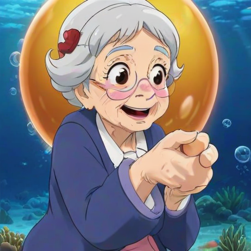 solo, 96 years old grandmother, bubble, under the sea, anime, Puffing, sitting