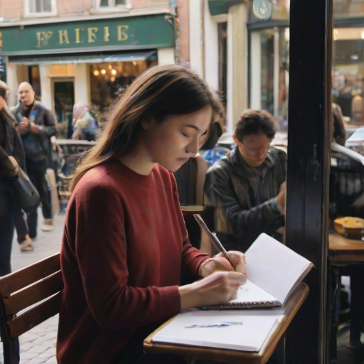 Quiet corner of a bustling cafe, a woman with a notebook sits by the window, sketching the people outside as they rush past on the busy street.