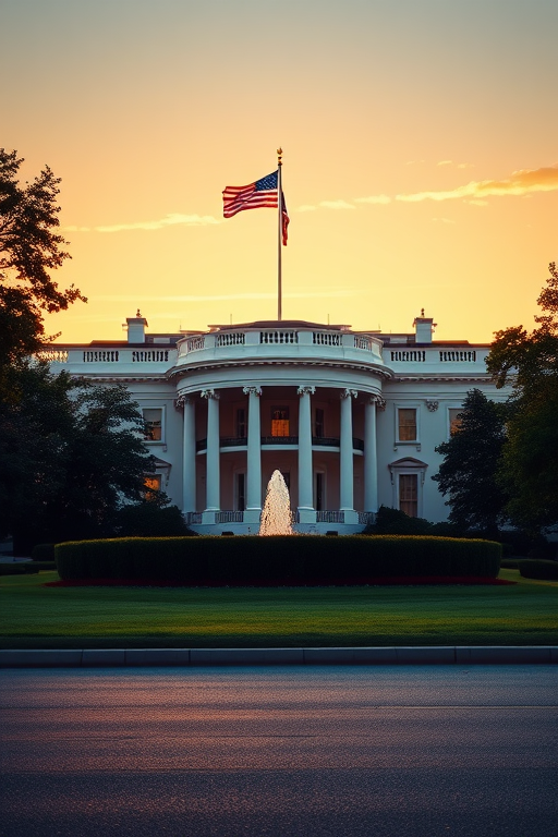 regenerate a detailed illustration of the White House with an American flag, using a DSLR camera at f/8 aperture, ISO 100, 50mm lens, shot during golden hour for warm lighting and enhanced contrast, from a low angle perspective to emphasize the structure.