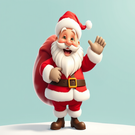 Create a vibrant and cheerful illustration of Santa Claus with a big red sack, smiling and waving, captured in 4K resolution, using a DSLR camera, aperture f/2.8, 24mm lens, and soft natural lighting for a cartoon-like quality.