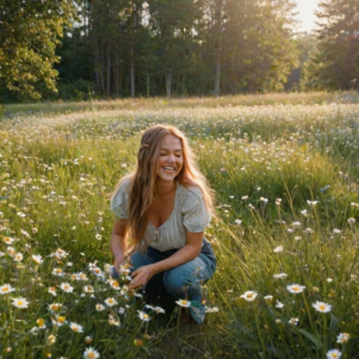 Sunny meadow filled with tall wildflowers, a woman with long braided hair kneels to pick daisies, her laughter echoing softly in the quiet, serene environment.