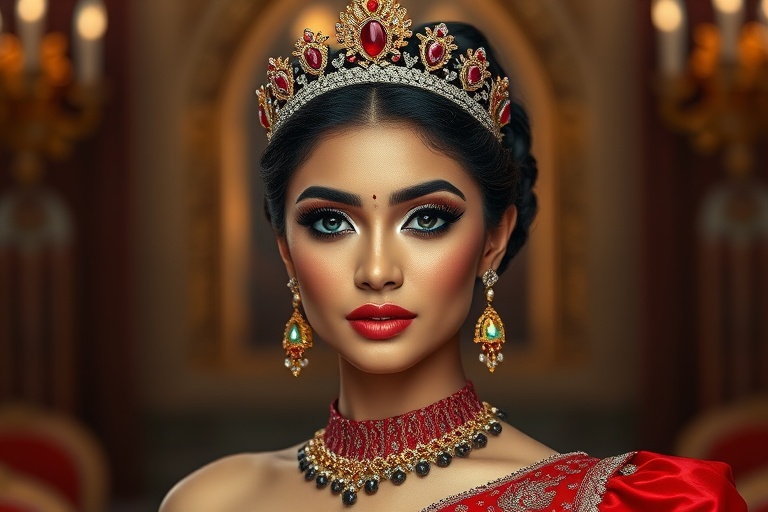A gorgeous Nepali woman in a luxurious red gown, accessorized with a dazzling tiara and statement earrings, her deep cyan eyes highlighted by impeccable makeup, poised in a royal setting, photorealistic, 8K quality