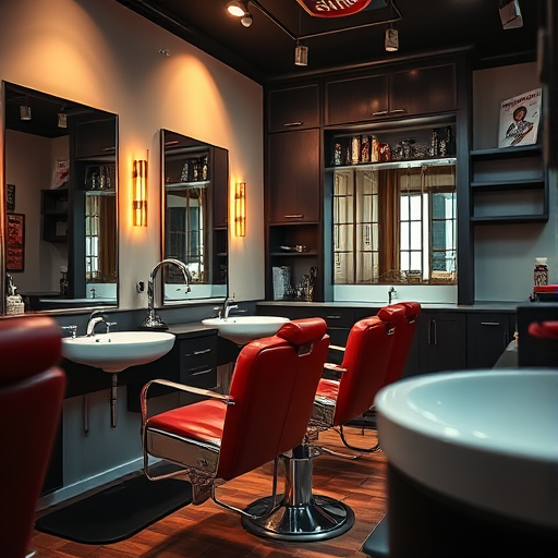 modern barber shop interior with red chairs, stylish cabinetry, large mirrors, and a sink in a cozy setting, softly lit, high contrast, focus on details, 50mm lens, f/2.8 aperture, ISO 400, shot in landscape orientation, natural light with warm tones