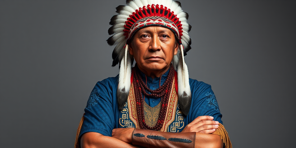 Create a dignified portrait of a Native American man dressed in traditional attire. He wears a beautifully crafted headdress adorned with white feathers and red beads, along with a beaded headband featuring intricate patterns. His clothing includes a deep blue, patterned shirt and a traditional chest piece with detailed beadwork. His arms are crossed, displaying leather armbands decorated with feathers. The background is simple and neutral, emphasizing his proud and stoic expression. The overall image captures the rich cultural heritage and strength of his persona.