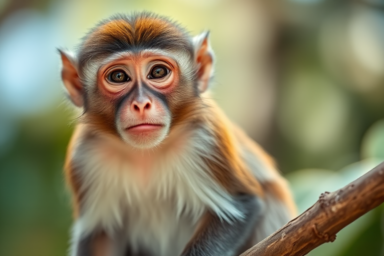 A close-up portrait of a monkey sitting on a branch, with sharp focus on its expressive face, captured in natural light, using a DSLR camera with a 50mm lens at f/1.8, ISO 400, shutter speed 1/200s, and a shallow depth of field to emphasize the subject against a blurred background.