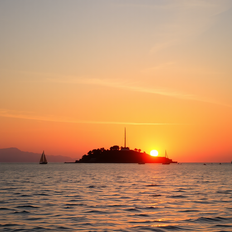 Regenerate a serene sunset scene over a calm sea with sailboats near a small island, using a wide-angle lens, f/11 aperture, ISO 100, 1/60 second shutter speed, and golden hour lighting for enhanced color vibrancy, taken with a DSLR camera from the shoreline perspective.