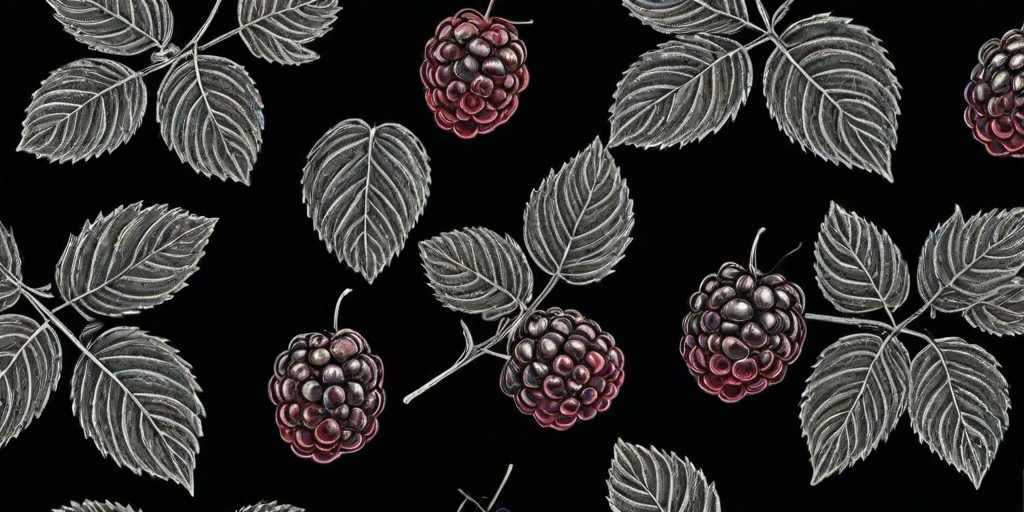 a black background featuring a delicate white line drawing of a branch with raspberries and leaves