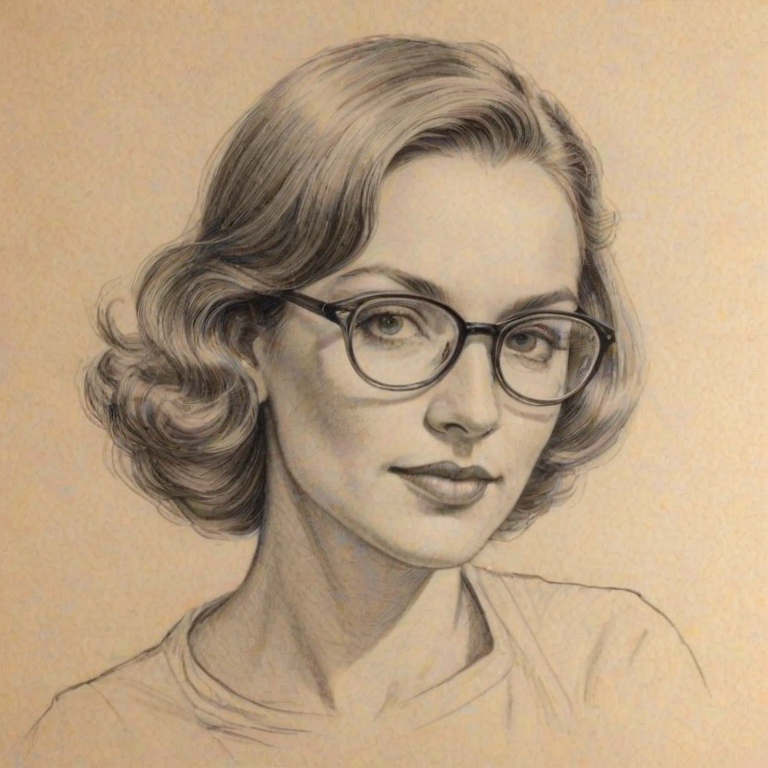 Magnificent Monique Gabriela Curnen, pencil sketch, portrait of Magnificent woman 1936s in glasses, hair style beatnik, outline, clear lines, fine lines, 8k