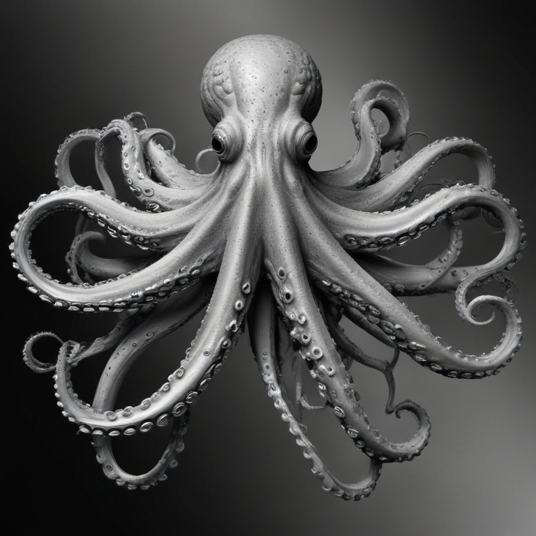 Intricate Black and White Illustration of a Majestic Octopus in Motion