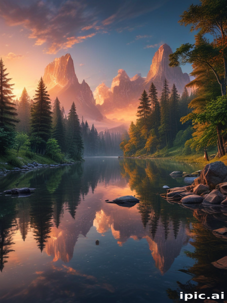 Majestic Mountain Reflection at Sunrise in a Serene Forest Landscape