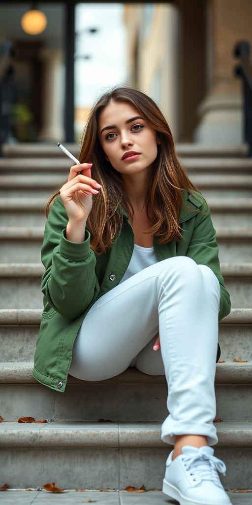 A young woman sitting on steps, wearing a green jacket and white jeans, smoking a cigarette, soft natural light, shallow depth of field, 85mm lens, f/1.8 aperture, ISO 100, captured with a DSLR camera from a low angle for an intimate perspective.