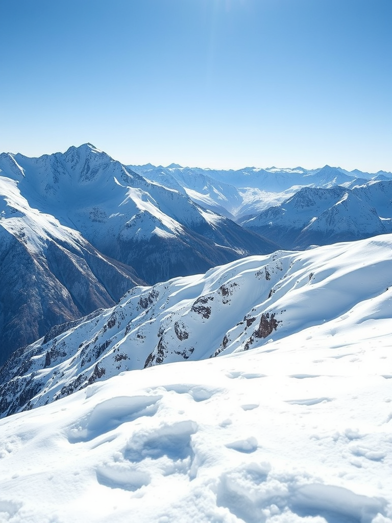 A high-resolution image of snow-covered mountains under a clear blue sky, captured with a DSLR camera at ISO 100, f/8, 1/500s, using a wide-angle lens from a slightly elevated viewpoint to enhance depth and detail in the snow's texture.