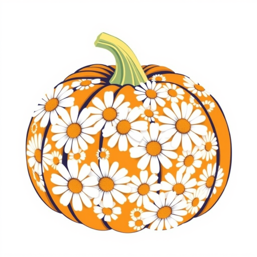 a whimsical orange pumpkin with white daises pattern covering the pumpkin. Solid white background sublimation vector 3000dpi 32k