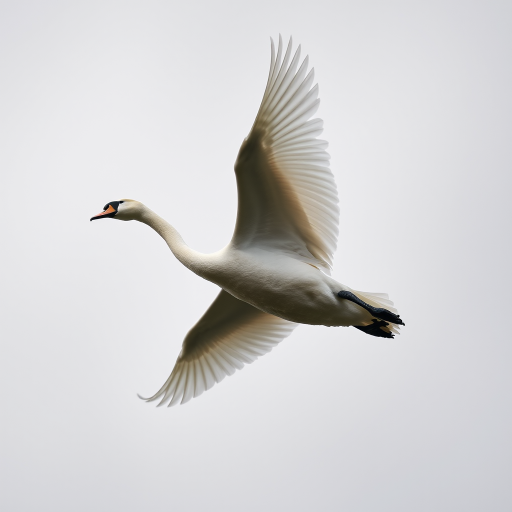 A majestic swan in mid-flight against a soft gray sky, captured with a DSLR camera, 200mm lens, f/5.6 aperture, ISO 400, shutter speed 1/1000s, top-down view, high dynamic range for enhanced clarity and color balance.
