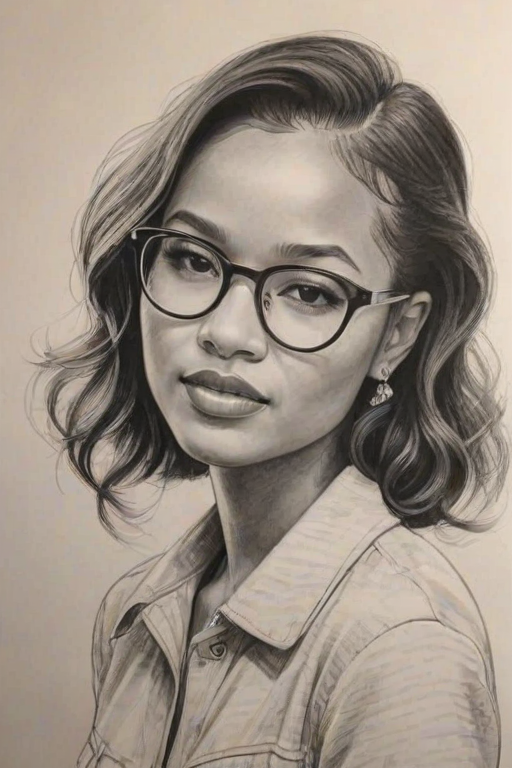 Charming Karrueche Tran, pencil sketch, portrait of Resplendent woman 1942s in glasses, hair style beatnik, outline, clear lines, fine lines, 8k