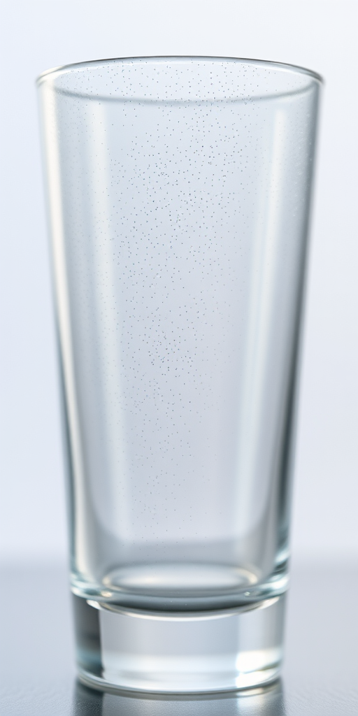 Create a high-resolution image of a transparent glass with a smooth surface and dotted texture, using a 50mm lens, f/2.8 aperture, ISO 100, and capturing from a 45-degree angle, in soft natural lighting.