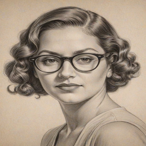 Captivating Marissa Jaret Winokur, pencil sketch, portrait of Beauteous woman 1934s in glasses, hair style beatnik, outline, clear lines, fine lines, 8k