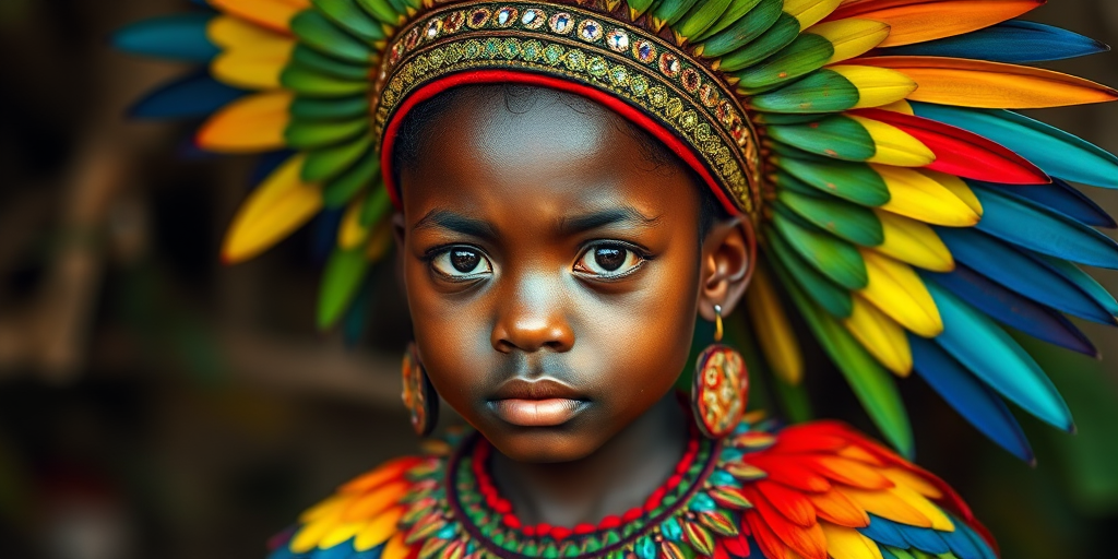 A beautiful Melanesian girl, wearing colorful bird clothing with vibrant colors