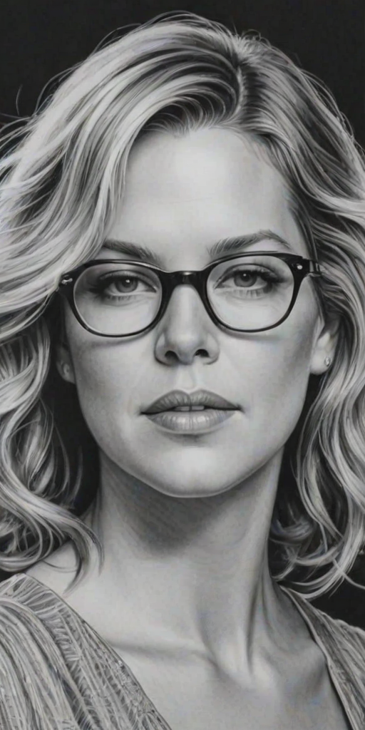 Alluring Diana Krall, pencil sketch, portrait of Fascinating woman 1927s in glasses, hair style beatnik, outline, clear lines, fine lines, 8k