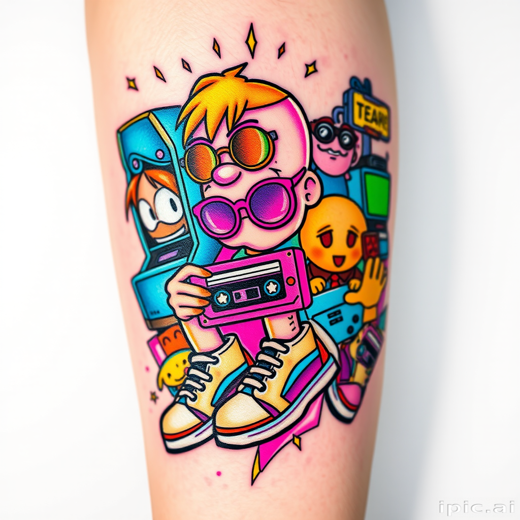 New school tattoo named "Neon Nostalgia" featuring exaggerated, cartoonish characters and bold, vibrant colors reminiscent of 1990s pop culture, with elements such as arcade games, cassette tapes, and retro sneakers combined in a playful and energetic composition, ideal for those who want to pay homage to their childhood memories and favorite cultural icons.