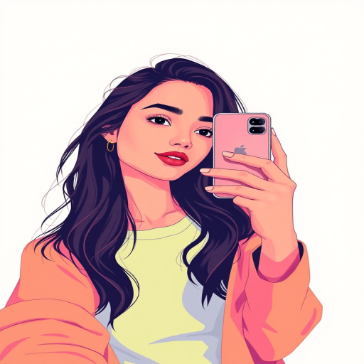 create a minimalistic digital illustration of a woman taking a selfie, set against a clean background with a vibrant color palette, use a wide-angle lens, aperture f/5.6, ISO 100, 24mm focal length, soft lighting to enhance colors and details.