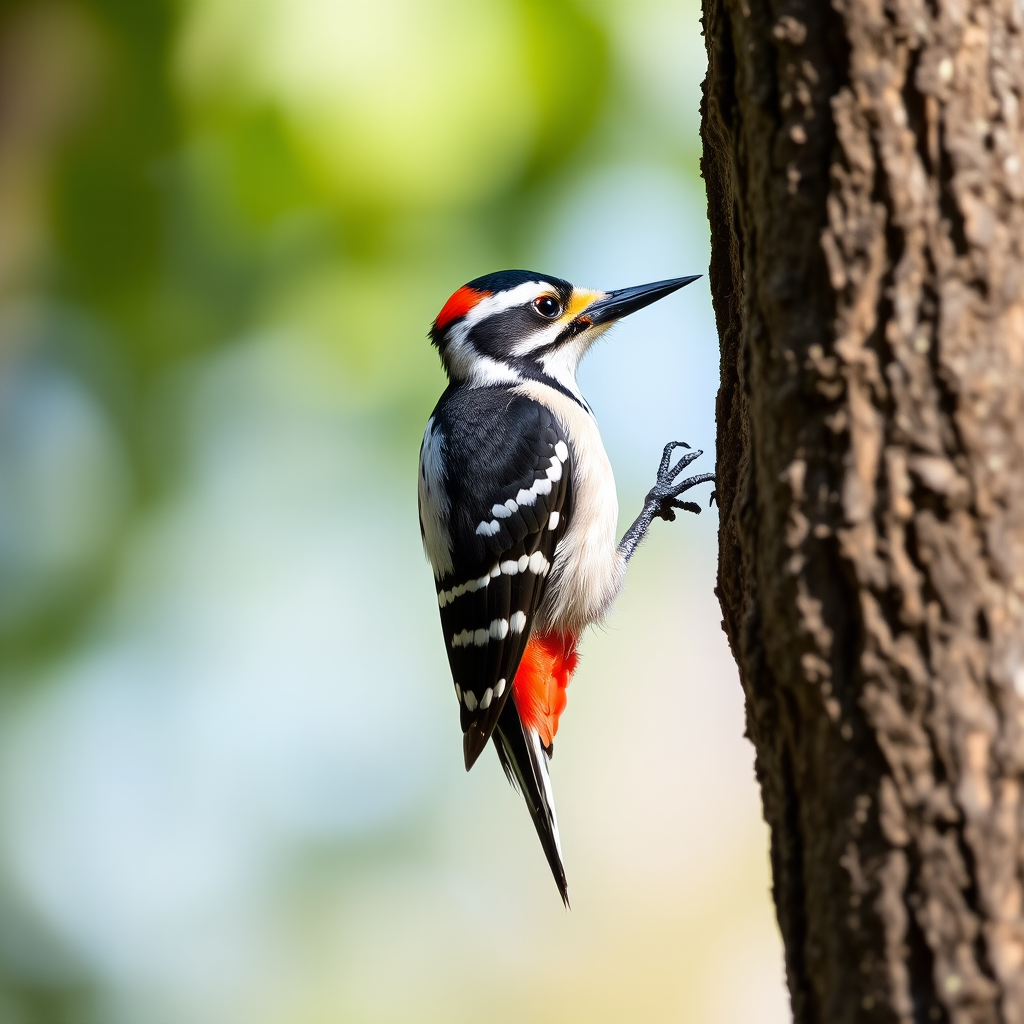 Capture a high-resolution image of a great spotted woodpecker perched on a tree trunk, using a Canon EOS 5D Mark IV with an aperture of f/4, ISO 400, shutter speed of 1/200s, in natural light, focusing on a shallow depth of field to blur the background.