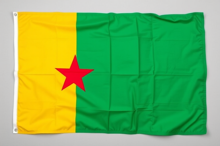 Create a high-resolution image of the Cameroonian flag with vibrant colors, using a DSLR camera with a 50mm lens, f/1.8 aperture, 1/100 sec shutter speed, ISO 100, captured in a flat lay style against a neutral background, ensuring sharp focus and saturation.