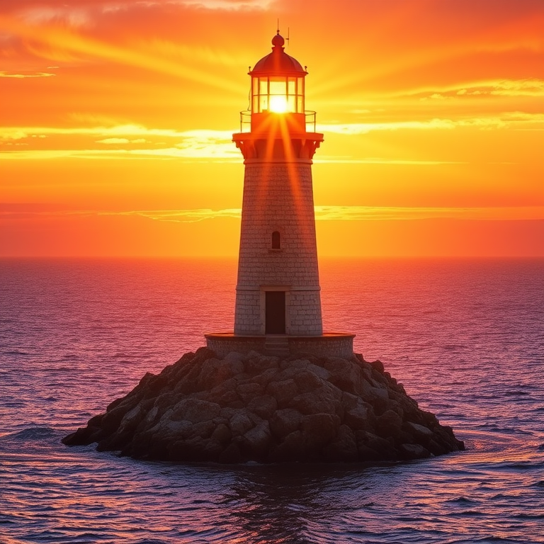 Generate an image of a tall lighthouse perched on a rocky outcrop surrounded by calm ocean waters during a breathtaking sunset. The lighthouse stands sturdy and weathered, its stone surface illuminated by the warm golden light of the setting sun. The sun's rays pass directly through the glass lantern room at the top of the lighthouse, casting a brilliant light across the scene. The sky is painted with vibrant shades of orange, pink, and purple, reflecting off the tranquil sea. The surrounding water shimmers with the same warm hues, creating a serene and majestic atmosphere.