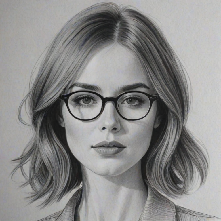 Ravishing Karen Gillan, pencil sketch, portrait of Beauteous woman 1923s in glasses, hair style beatnik, outline, clear lines, fine lines, 8k