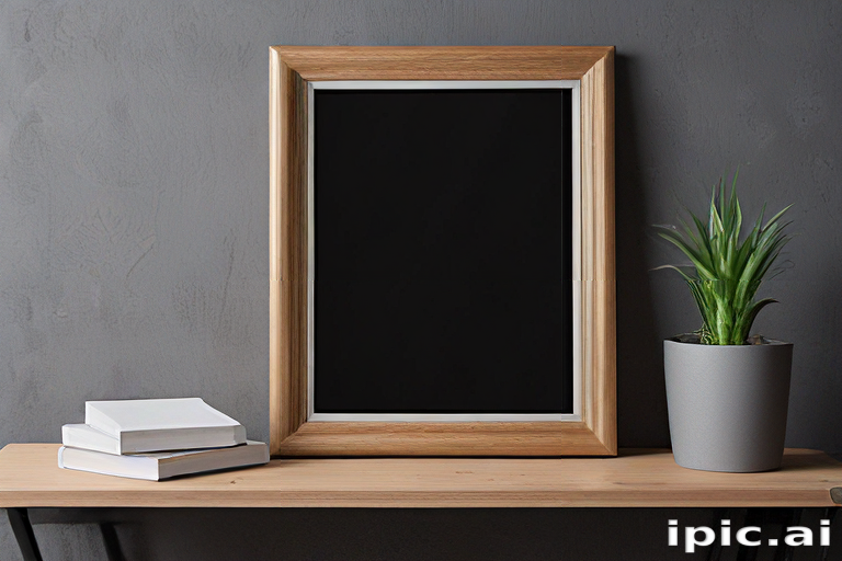 Stylish Wooden Frame on a Table Next to Potted Plant and Books
