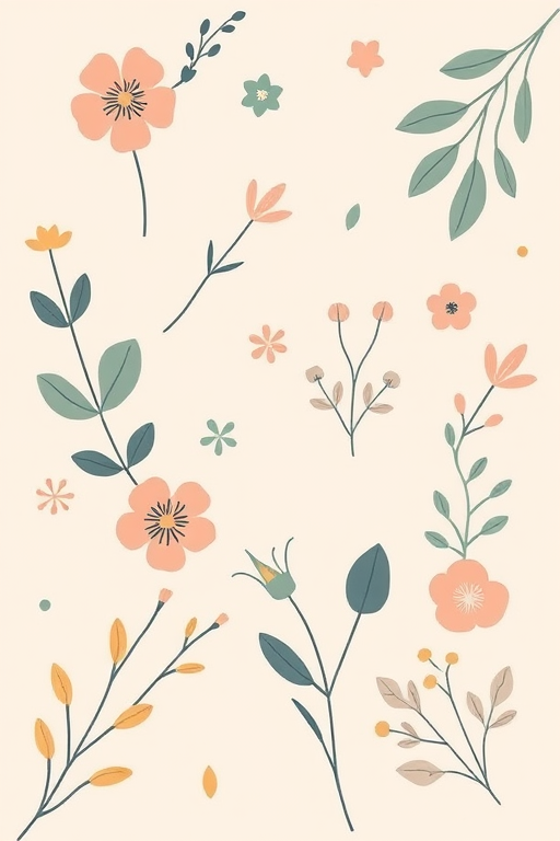 Create a digital illustration of abstract floral and leaf patterns on a light beige background, using a soft, pastel color palette with bold outlines, captured with a Canon EOS R6 camera at f/8, ISO 100, and a 50mm lens in a flat lay style for minimal distortion and enhanced detail.
