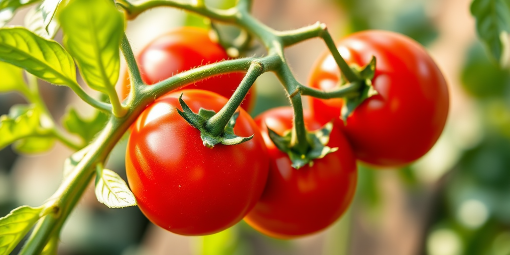 regenerate a vibrant illustration of a tomato plant with three ripe red tomatoes on a green leafy stem, shot with a macro lens at f/2.8 for a shallow depth of field, using natural lighting to enhance color saturation, in a digital art style using a high-resolution camera.