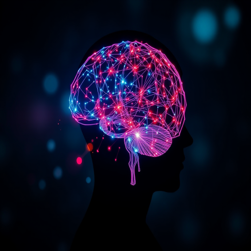 Create a surreal image of a human silhouette with an abstract representation of a brain made of colorful lights and networks, shot with a Canon EOS R5, aperture f/2.8, ISO 100, 35mm lens, in a soft focus style, with dramatic lighting to enhance the vibrant colors and details.
