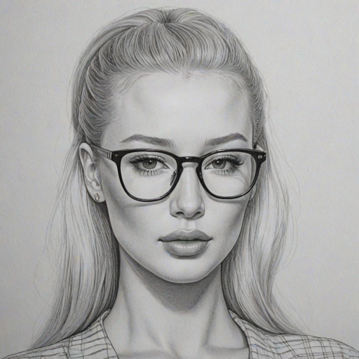 Beauteous Iggy Azalea, pencil sketch, portrait of Appealing woman 1959s in glasses, hair style beatnik, outline, clear lines, fine lines, 8k