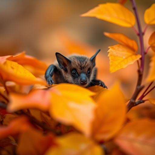 Capture a close-up of a small bat sitting amongst vibrant orange and yellow autumn leaves, using a DSLR camera with a 50mm lens, aperture set to f/1.8 for a shallow depth of field, ISO 200, and a soft focus background to enhance the detail and color contrast.