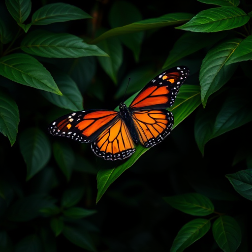Generate an image of a butterfly resting on a green leaf in a dark, lush environment. The butterfly should have vibrant orange and black patterns, surrounded by rich green foliage that enhances the contrast and creates a serene, natural atmosphere.