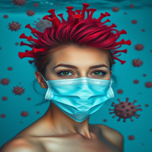 Create a surreal portrait of a woman with a vibrant, spiky, red virus-like hair, wearing a blue medical mask, surrounded by floating virus particles in a watery blue background, captured with a Canon EOS R5, using an 85mm lens at f/1.4, ISO 100, with soft diffused lighting for depth and detail.