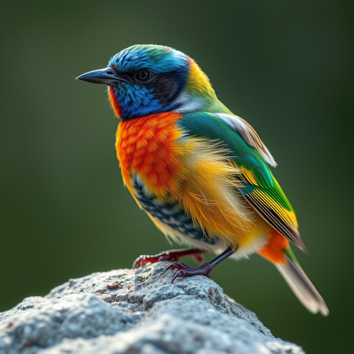 regenerate a close-up image of a colorful bird perched on a rock, captured in natural light with a shallow depth of field, using a DSLR camera, 85mm lens, aperture f/2.8, ISO 200, and shutter speed 1/200 sec for enhanced detail and clarity in the feathers.