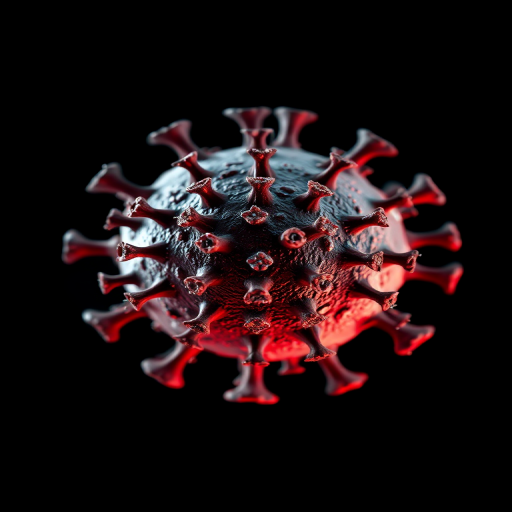 highly detailed 3D rendering of a virus with spiky surface structures, illuminated against a black background, macro lens, aperture f/8, ISO 100, 50mm lens, focused depth of field, soft lighting effects, high-resolution image