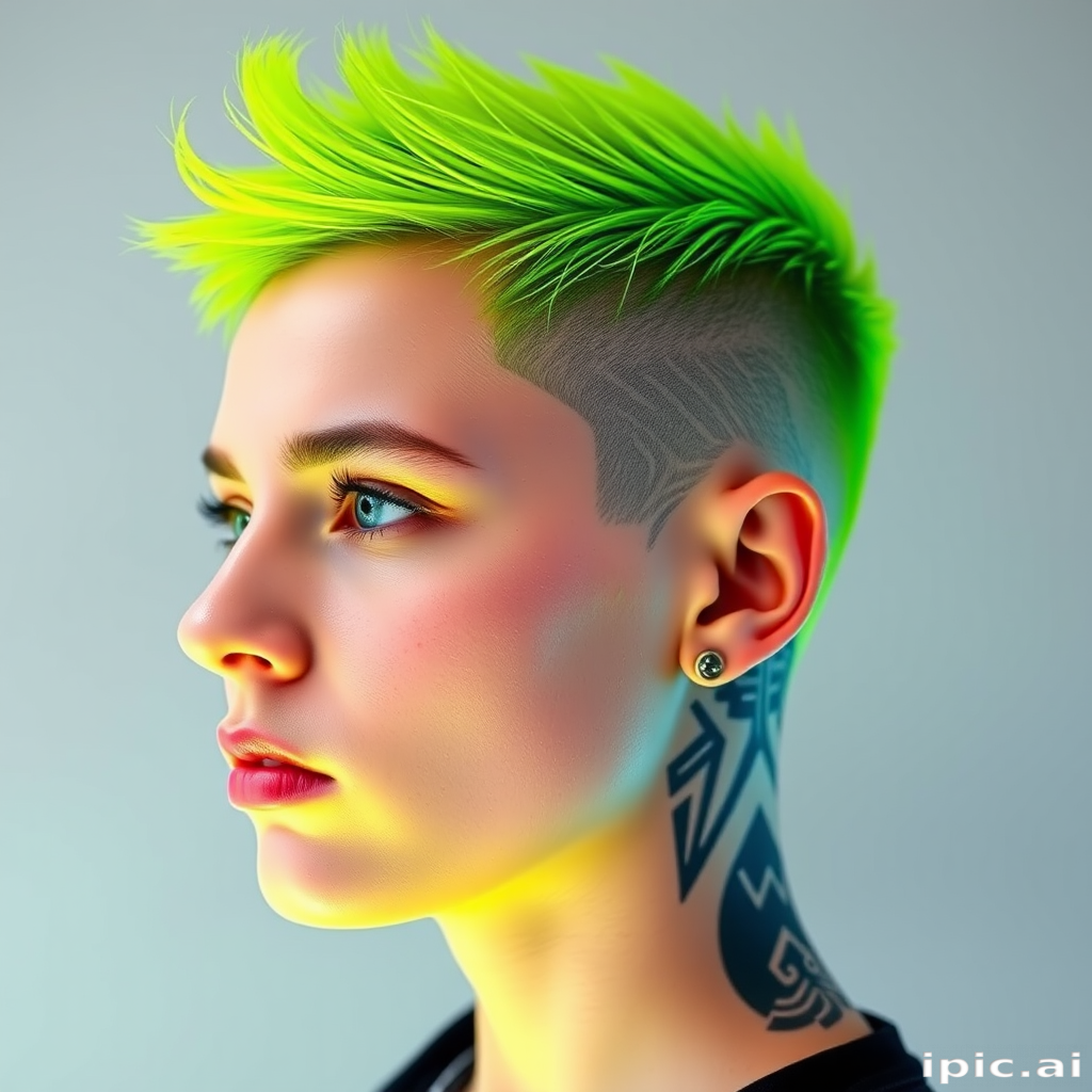 Edgy portrait highlights Electric Neon undercut, vibrant yellow-green short hair on top with shaved sides featuring intricate geometric patterns