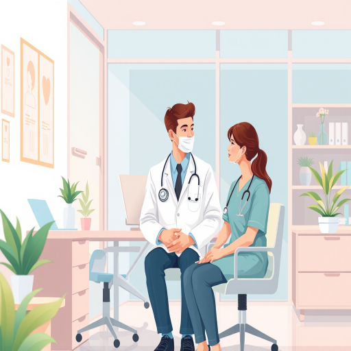 Create a high-quality illustration of a doctor in a modern office consulting a patient with a nurse beside them, using a clean and minimalistic style, soft lighting, and a focus on warm colors, set at a 35mm lens with f/2.8 aperture for depth of field, capturing a vibrant and friendly atmosphere.
