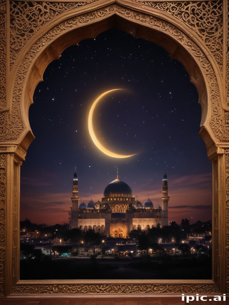 Majestic Mosque Under a Starry Sky with a Crescent Moon Above