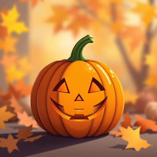 Create a high-resolution illustration of a smiling jack-o'-lantern with a bright orange exterior and a green stem, using a DSLR camera with a 50mm lens, aperture set to f/2.8 for a shallow depth of field, and natural lighting for vibrant colors, showcasing the pumpkin against a softly blurred autumn background.